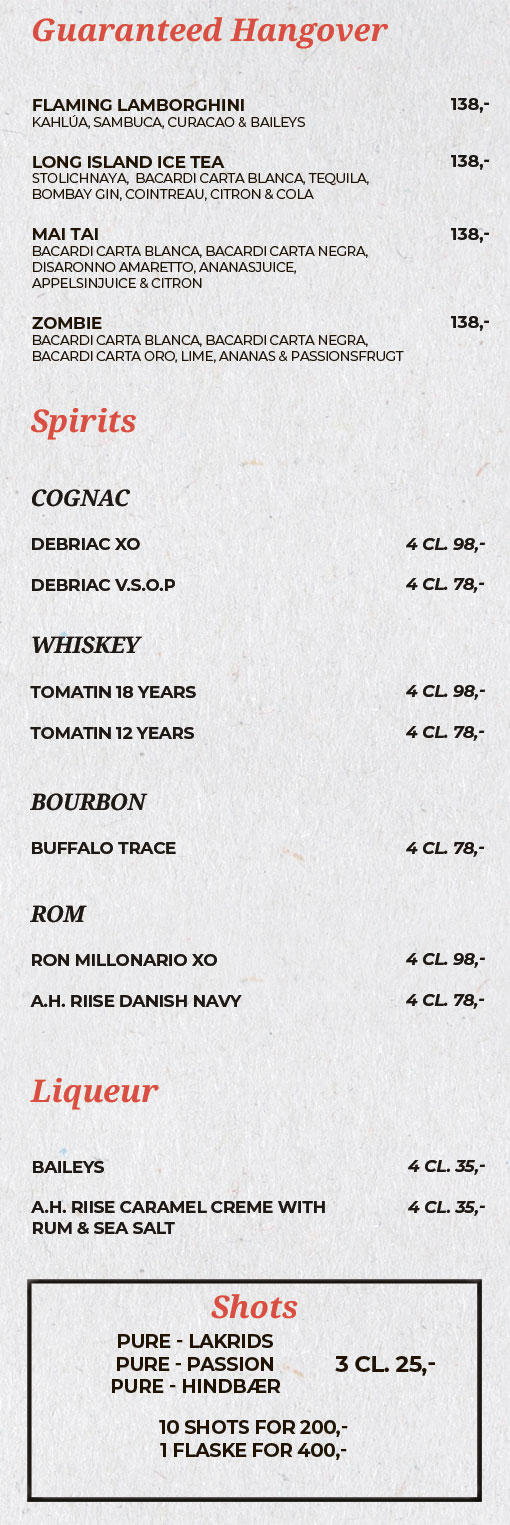 Barmenu: Garanteret Tømmermænd & Spiritus barmenu-guarenteed