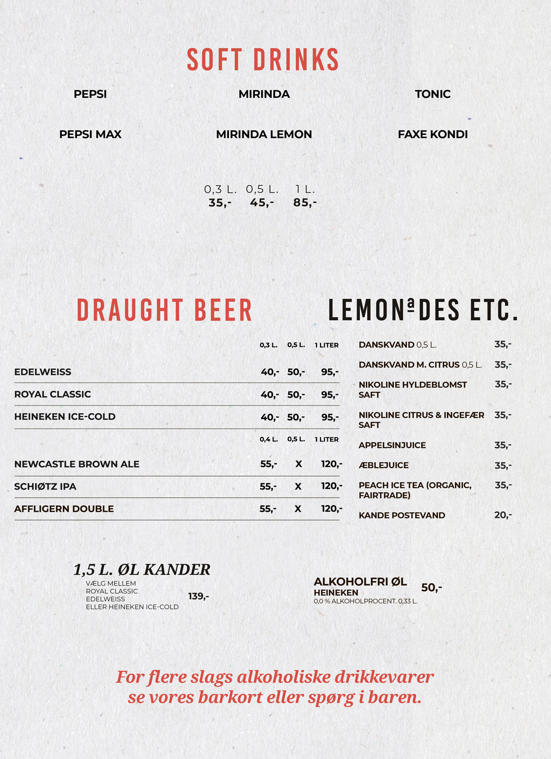 Menu: Soft Drinks, Draught Beer, Lemonades & Bottles menu-soft