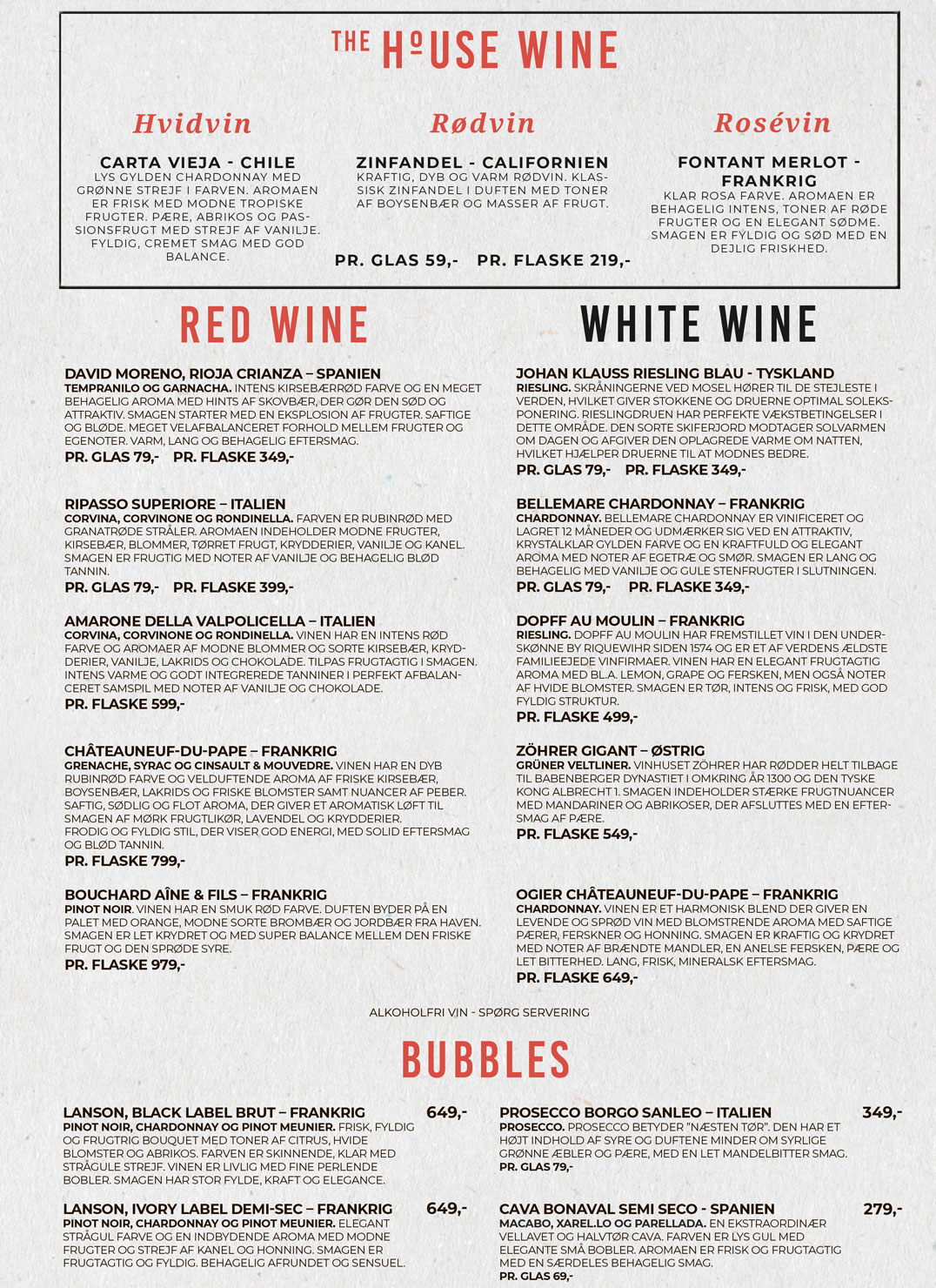 Menu: The House Wine, Red Wine, White Wine & Bubbles menu-house